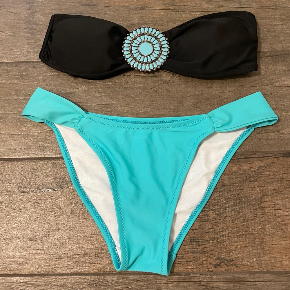 Black & Turquoise Bandeau Tube Bikini Set